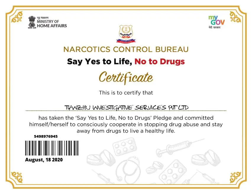 Certificate narcotics control bureau Say yes to life, No to say drugs.