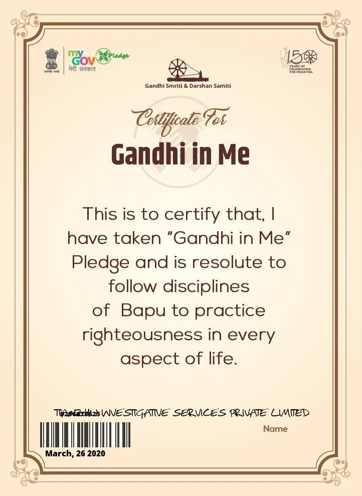 Certificate for Gandhi in me.